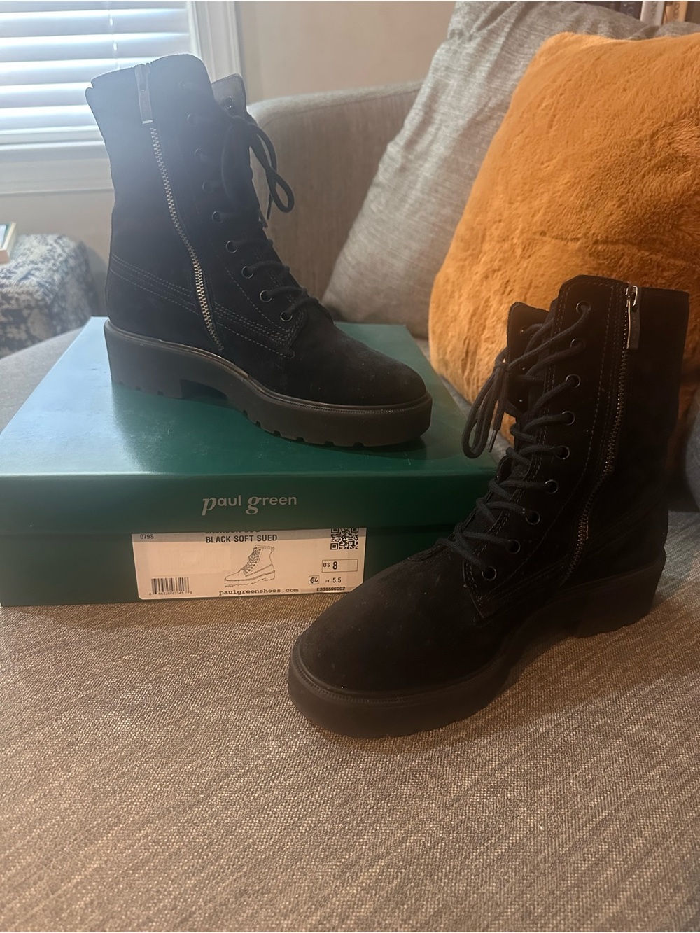 Paul Green Black Suede Lace-Up Platform Combat Boots
